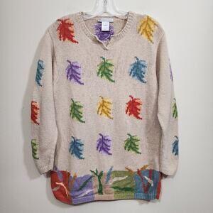 Vintage 1998 colorful leaf pattern hand knit sweater woman's size medium